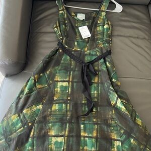 Maeve Green and Yellow Patterned Dress with Black Trim original price 148